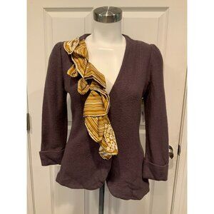 HWR Anthropologie Brown Cardigan W/ Striped Ruffle Details, Size Small